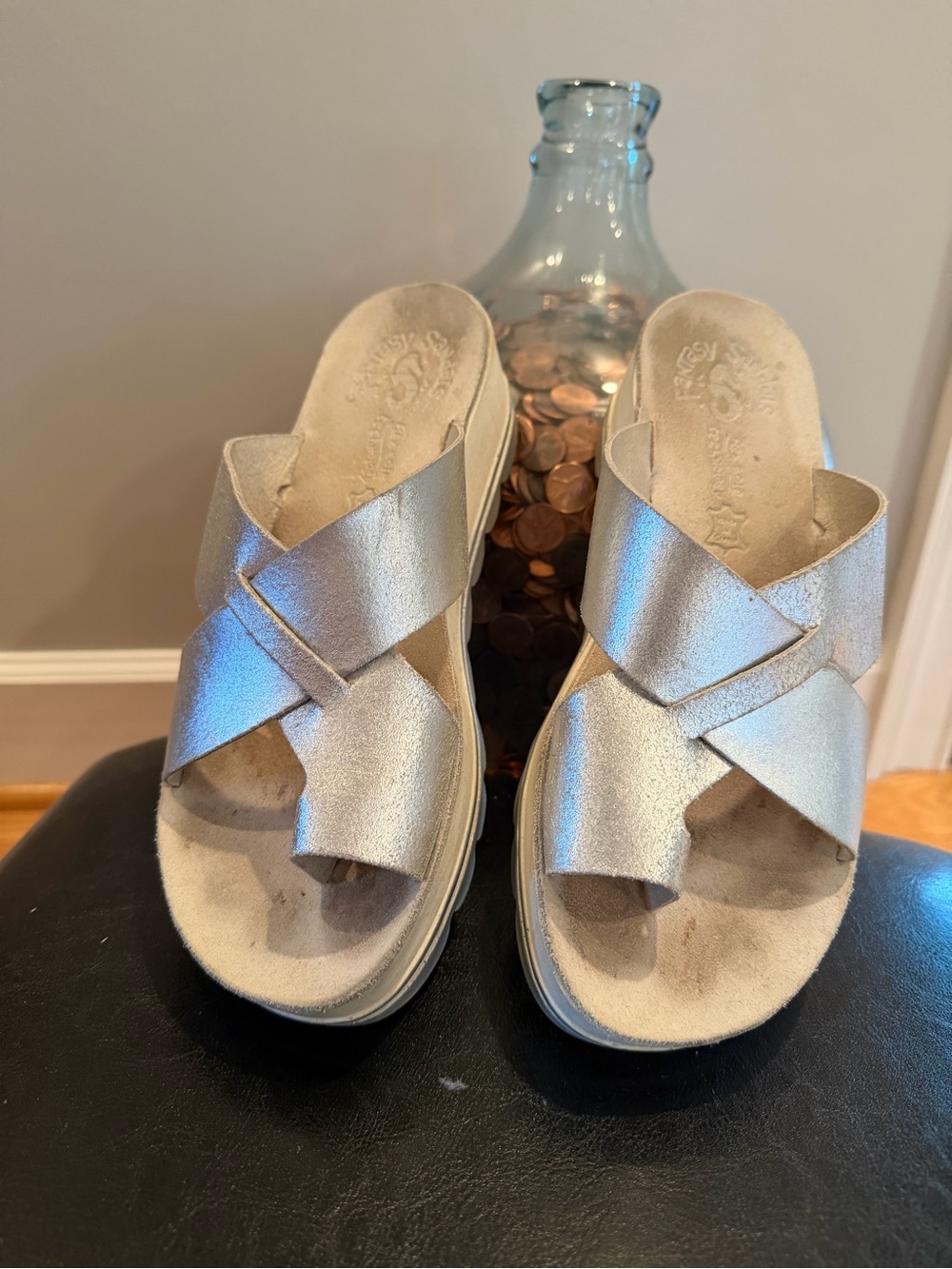 Women's Metallic Silver Crisscross Slide Sandals